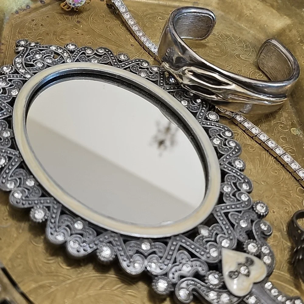Silver Tone Embellished Hand Held Mirror